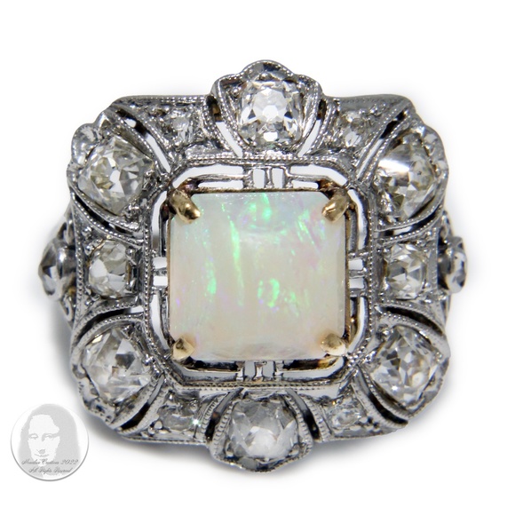 Art Deco Cocktail Ring Opal and Diamond Vintage Platinum Rare Early 20th C - Picture 8 of 16